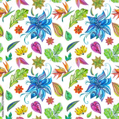 Papier peint  Fantastic seamless pattern flowers set with fabulous flowers and Strelitzia on isolated background.