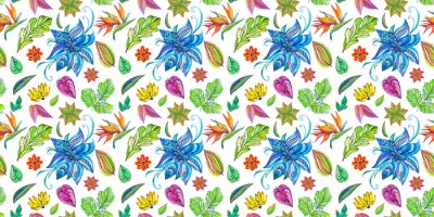 Papier peint  Fantastic seamless pattern flowers set with fabulous flowers and Strelitzia on isolated background.