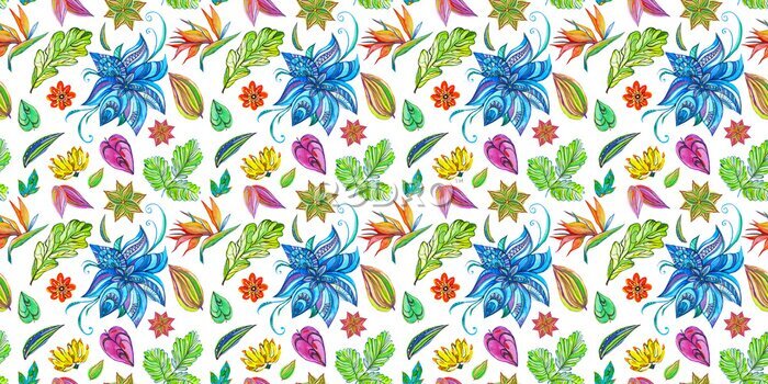 Papier peint  Fantastic seamless pattern flowers set with fabulous flowers and Strelitzia on isolated background.
