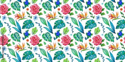 Papier peint  Fantastic seamless pattern flowers set with fabulous flowers and Strelitzia on white isolated background.