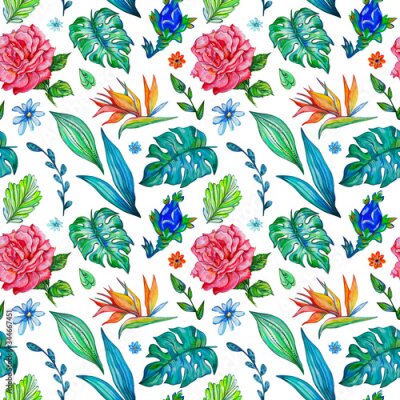 Papier peint  Fantastic seamless pattern flowers set with fabulous flowers and Strelitzia on white isolated background. 