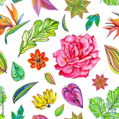 Papier peint  Fantastic seamless pattern flowers set with fabulous flowers and Strelitzia on white isolated background. 