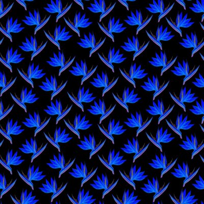 Papier peint  Fantastic seamless strelitzia flower pattern. Strelitzia, bird of paradise, or crane lily. Abstract blue flower pattern isolated on black background. Textile, wallpapers, greeting cards, decoration.