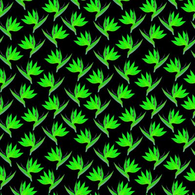 Papier peint  Fantastic seamless strelitzia flower pattern. Strelitzia, bird of paradise, or crane lily. Abstract neon flower pattern isolated on black background. Textile, wallpapers, greeting cards, decoration.