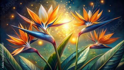 Papier peint  Fantasy ,Elegant and Beautiful Hand Drawn Surrealist Acrylic Painting  Flowers of Bird of  Paradise (Strelitzia reginae) , Small Light glowing effect and Gold Leaf effect of  particles