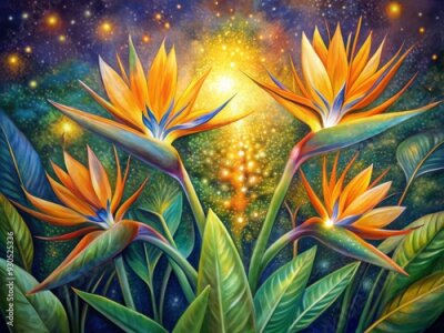 Papier peint  Fantasy ,Elegant and Beautiful Hand Drawn Surrealist Acrylic Painting  Flowers of Bird of  Paradise (Strelitzia reginae) , Small Light glowing effect and Gold Leaf effect of  particles
