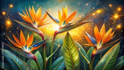 Papier peint  Fantasy ,Elegant and Beautiful Hand Drawn Surrealist Acrylic Painting  Flowers of Bird of  Paradise (Strelitzia reginae) , Small Light glowing effect and Gold Leaf effect of  particles