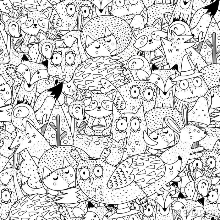 Papier peint  Fantasy forest animals black and white seamless pattern. Great for  coloring page, prints