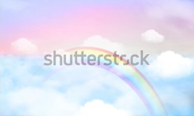 Papier peint  Fantasy magical landscape rainbow on sky abstract big volume texture fluffy clouds shine close up view straight, cotton wool, pink purple pastel colors sun fabulous background