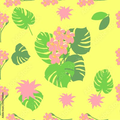 Papier peint  Fantasy seamless vector background. Tropical pattern with exotic flowers, jungle leaves: monstera plant leaf, strelitzia, bird of Paradise. Vintage Botanical delicate drawings in Hawaiian style-Vector