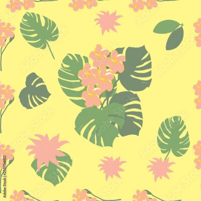 Papier peint  Fantasy seamless vector background. Tropical pattern with exotic flowers, jungle leaves: monstera plant leaf, strelitzia, bird of Paradise. Vintage Botanical delicate drawings in Hawaiian style-Vector