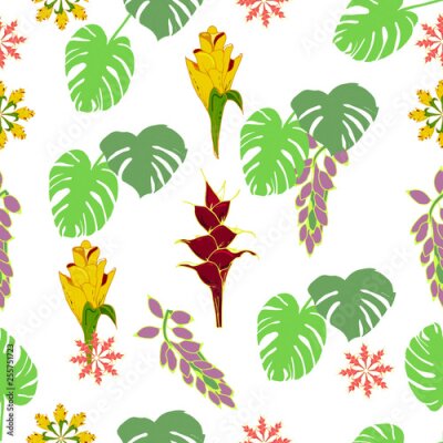 Papier peint  Fantasy seamless vector background. Tropical pattern with exotic flowers, jungle leaves: monstera plant leaf, strelitzia, bird of Paradise. Vintage Botanical delicate drawings in Hawaiian style-Vector