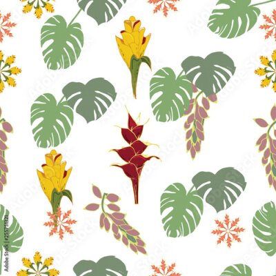 Papier peint  Fantasy seamless vector background. Tropical pattern with exotic flowers, jungle leaves: monstera plant leaf, strelitzia, bird of Paradise. Vintage Botanical delicate drawings in Hawaiian style-Vector