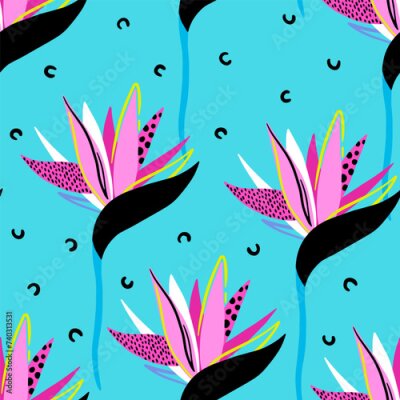Papier peint  Fashion tropical funny wallpapers. Seamless pattern with flowers Strelitzia on blue background and abstract modern style.
