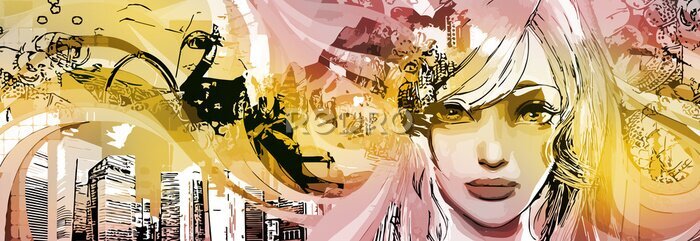 Papier peint  Fashionable, abstract, simple, grunge, geometric, street background, color gradient. Vector illustration for Wallpaper, banner, background, postcard, painting, girl, pink, yellow