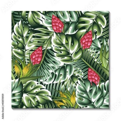 Papier peint  fashionable monstera and palm leaves with strelitzia flower tropical plants seamless pattern on dark background. Colorful stylish floral. jungle print wallpaper. exotic summer