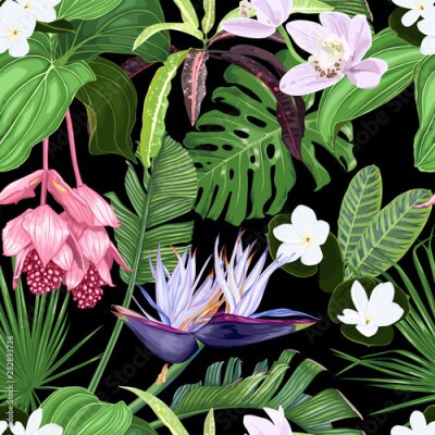 Papier peint  Fashionable seamless pattern with tropical flowers and leaves on a dark background. Orchids, medinilla, white strelitzia, tiara flower, palm leaves.