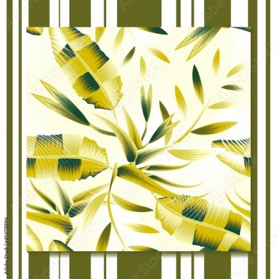 Papier peint  Fashionable seamless tropical pattern with bright banana leaves and strelitzia flower on delicate background. Trendy summer Hawaii print. Colorful stylish floral. Summer design