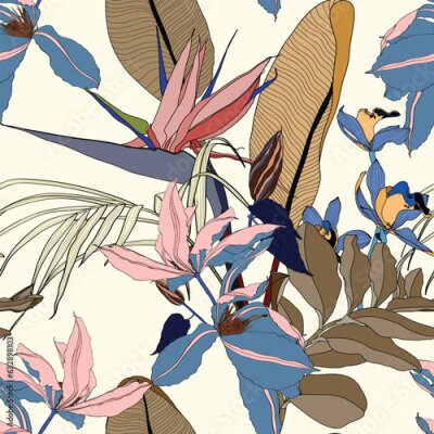 Papier peint  Fashionable seamless tropical pattern with exotic, clematis strelitzia, orchids flowers. Line stylish floral on blue brown colors background.