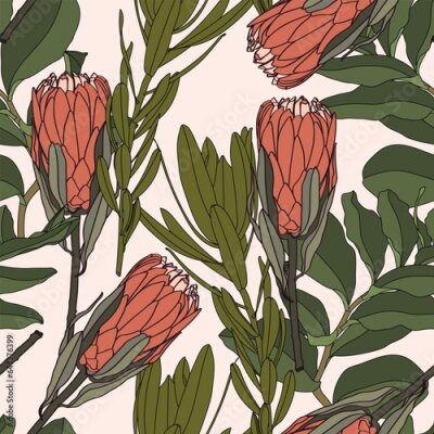 Papier peint  Fashionable seamless tropical pattern with exotic, protea strelitzia, orchids flowers. Line stylish floral on red brown colors background.