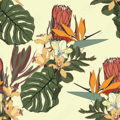 Papier peint  Fashionable seamless tropical pattern with exotic, protea strelitzia, orchids flowers. Line stylish floral on red brown colors background.