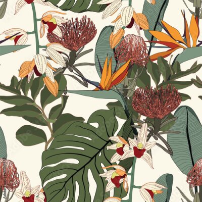Papier peint  Fashionable seamless tropical pattern with tropical leaves and strelitzia, orchids flowers. Line stylish floral on beige background.