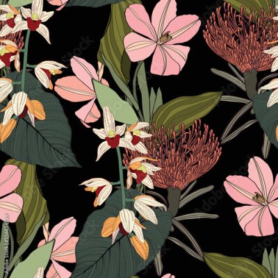 Papier peint  Fashionable seamless tropical pattern with tropical leaves and strelitzia, orchids flowers. Line stylish floral on black background.
