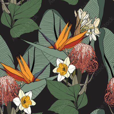 Papier peint  Fashionable seamless tropical pattern with tropical leaves and strelitzia, orchids flowers. Line stylish floral on black background.