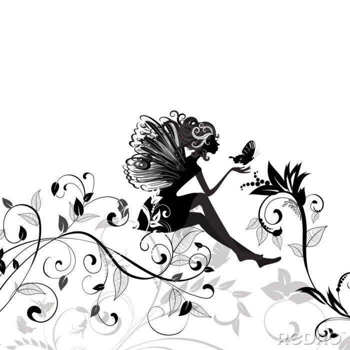 Papier peint  Fée assise sur des plantes graphiques en noir et blanc