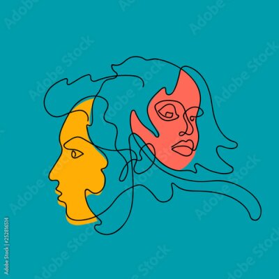 Papier peint  Female and male face continuous line, drawing of set faces and hairstyle. Fashion concept, woman beauty minimalist. For t-shirt, slogan design print graphics style. Vector illustration.