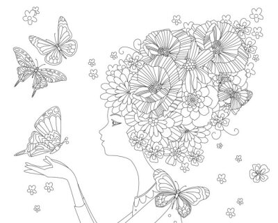 Femme avec des fleurs au lieu de cheveux et de papillons