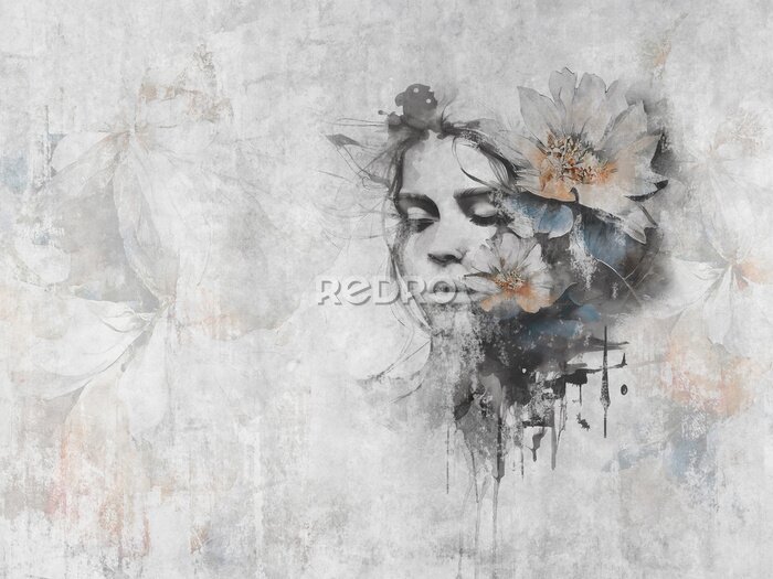 Papier peint  Femme avec une fleur sur la tête devant un mur gris