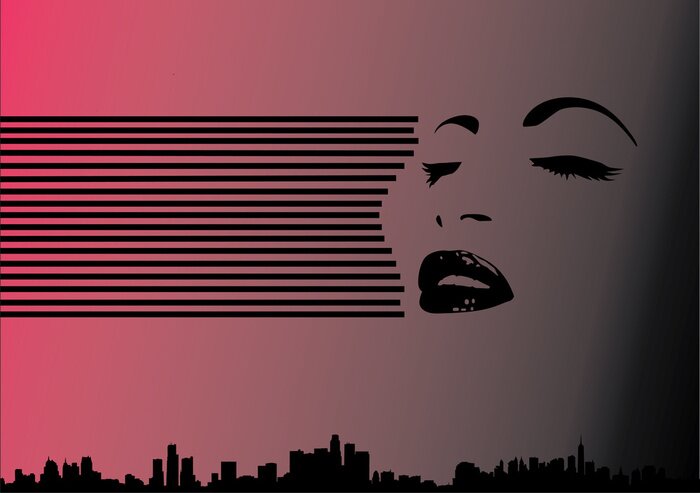 Papier peint  Femme et ville sur fond rose