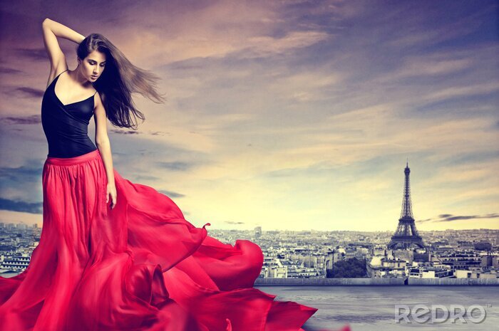Papier peint  Femme sur fond de panorama de la ville de Paris