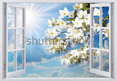 Papier peint  Fenêtre ouverte sur le Ciel et des fleurs