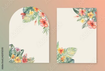 Papier peint  Festive template for invitations, celebrations and birthdays with watercolor illustration of tropical leaves and flowers.