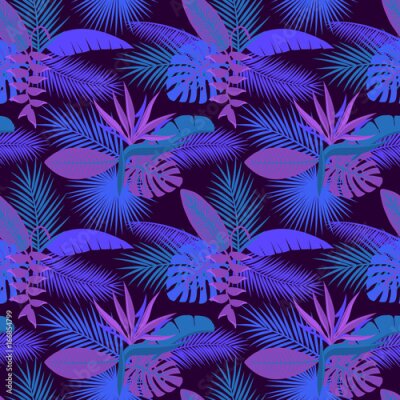 Papier peint  Feuillage de nuit tropicale plantes motif sans couture avec paume de banane Feuille de monstera, suspension de l'héliconia, strelitzia