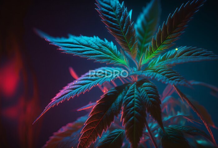 Papier peint  Feuille de marijuana sous la lumière rouge