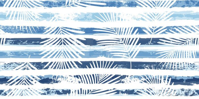 Papier peint  Feuilles blanches sur rayures bleu marine