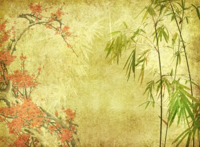 Papier peint  Feuilles de bambou et fleurs colorées