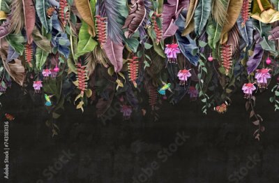 Papier peint  Feuilles de Banane Tropicales avec Fleurs et Papillons sur Fond Sombre