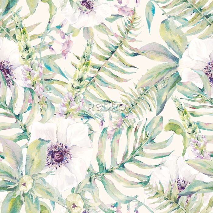 Papier peint  Feuilles de fougère et fleurs à l'aquarelle