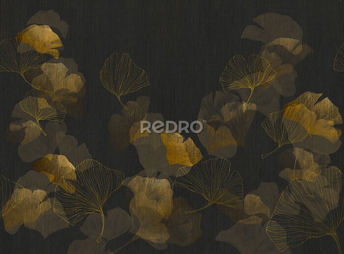 Papier peint  Feuilles de ginkgo sur fond sombre