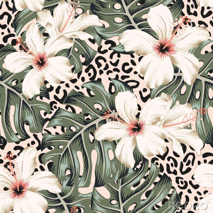 Papier peint  Feuilles de jungle et fleurs d'hibiscus tropicales