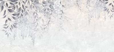 Papier peint  Feuilles de plantes et fleurs sur des branches d'arbres avec un fond en marbre