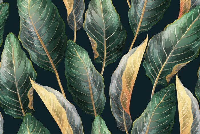 Papier peint  Feuilles de plantes exotiques sur fond sombre