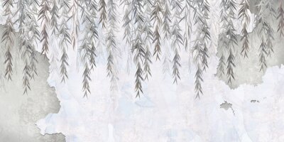 Papier peint  Feuilles de saule grises sur fond aquarelle clair