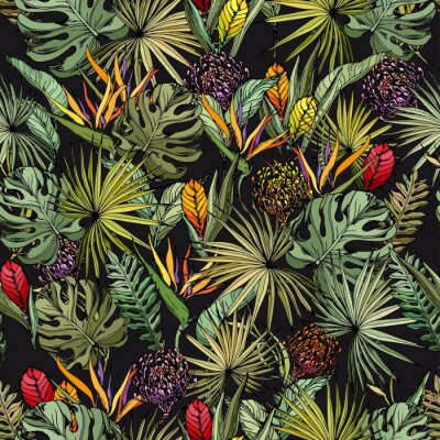 Feuilles et fleurs exotiques sur fond sombre