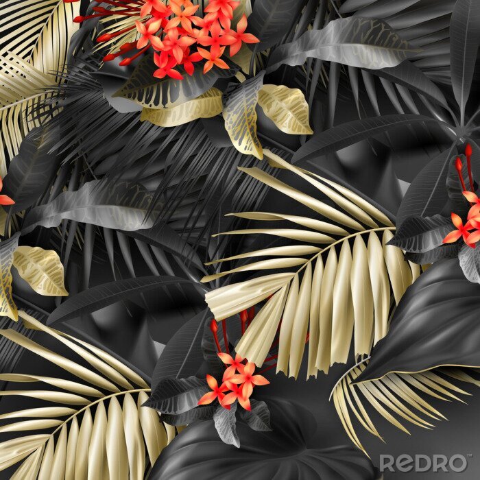 Papier peint  Feuilles et fleurs tropicales noires et beiges