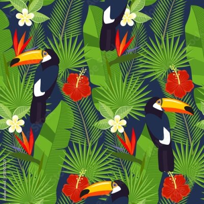 Papier peint  Feuilles et fleurs tropicales sans soudure - palmier, monstera, hibiscus et plumeria, strelitzia reginae et oiseaux tropicaux